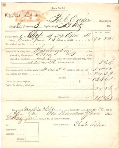 Civil War Artillery Discharge Payment Receipt 1862