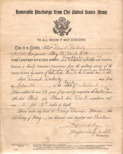 WWI US Army Discharge Paper AEF Artillery Corporal