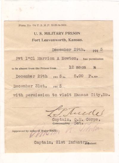 WWI Ft. Leavenworth Military Prison Pass 1915