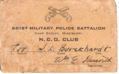 WWII 601st MP Batt NCO Club Card