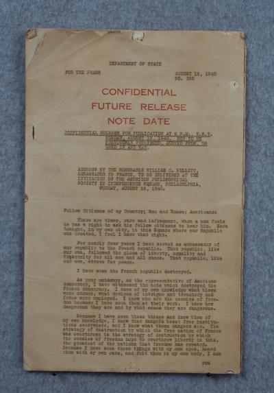 WWII Press Release William Bullitt France 1940