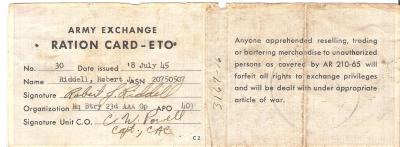 WWII Era Army ETO Ration Card 1945