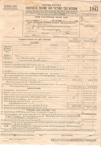 WWII 1943 Federal Victory Income Tax Return