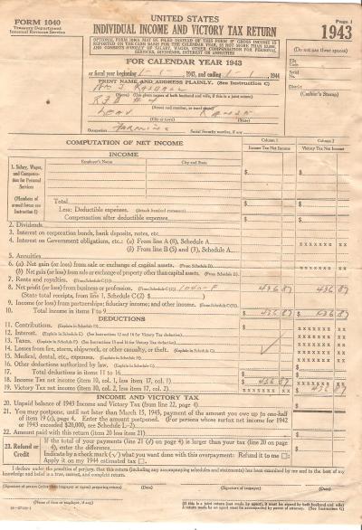 WWII 1943 Federal Victory Income Tax Return