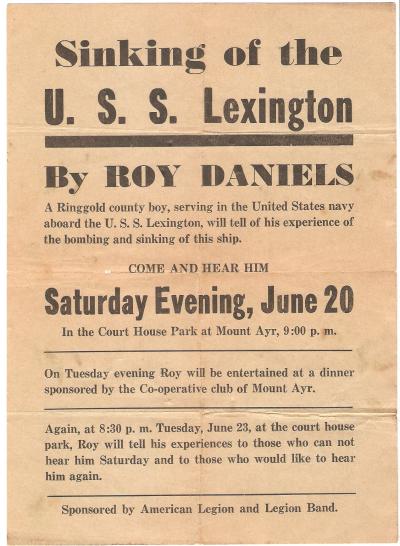 Sinking of the USS Lexington Handbill Roy Daniels