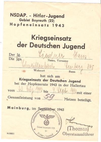 WWII German Hitler Youth War Effort Certificate