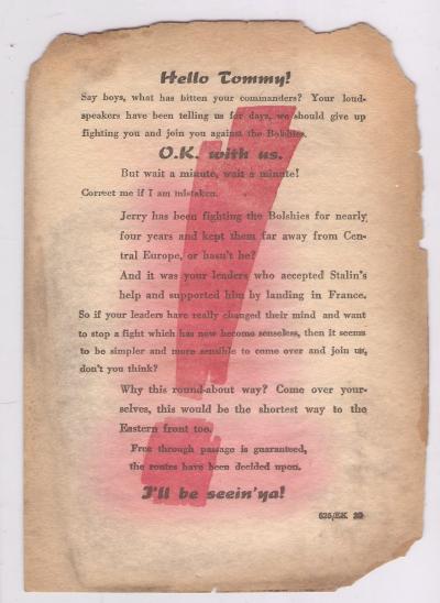 WWII German Propaganda Leaflet Hello Tommy