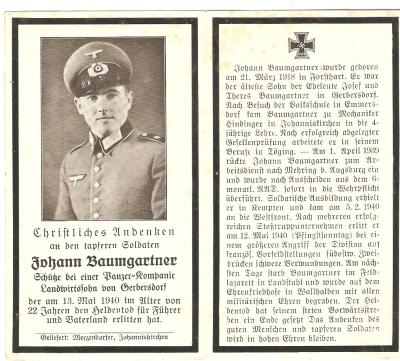 WWII German Death Card Panzer France 1940       