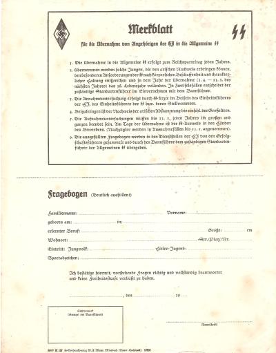 Hitler Youth HJ Transfer Document to Allgemeine SS