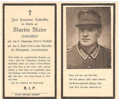 WWII German Death Card Heer NCO 1945