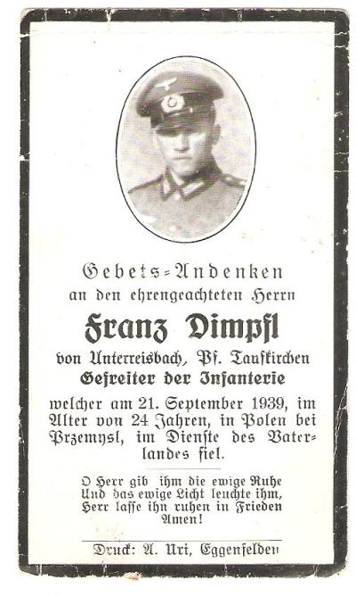 WWII German Remembrance Death Card Poland 1939