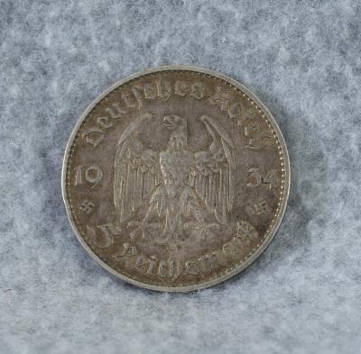 German 1934 J 5 Reichsmarks Garrison Church Coin