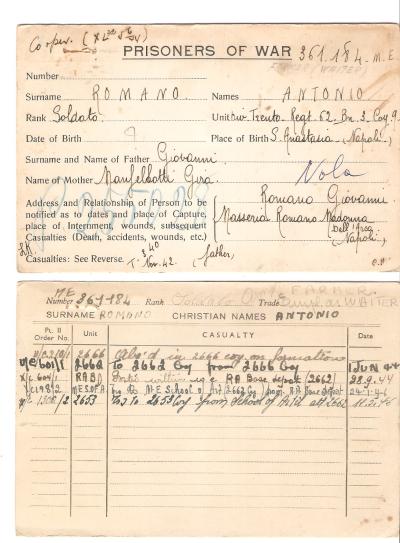 WWII Italian POW Form Record 1942 El Alamein